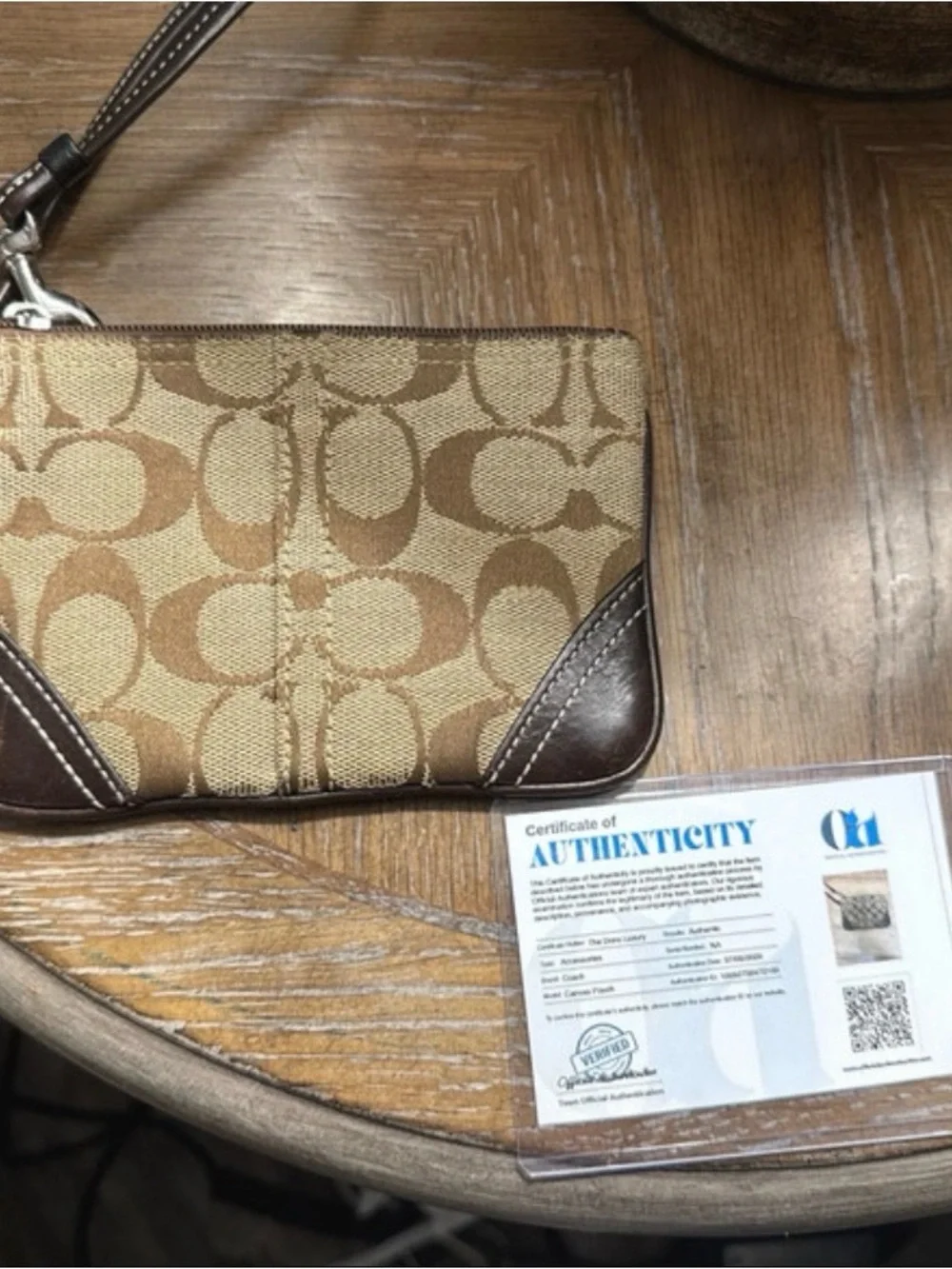 Coach Tan and Brown Signature Canvas Wristlet with Leather Trim